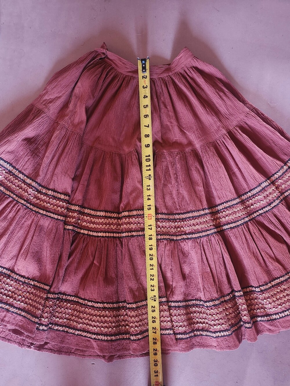 Vintage 50s 60s Brown Patio Circle Skirt W/ Metallic Trim XS Rockabilly Western - Picture 4 of 5